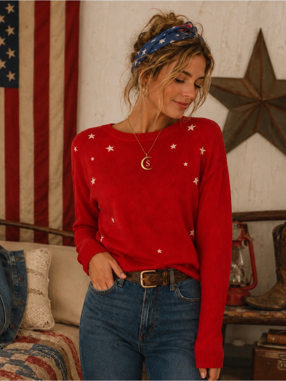 Vintage A&F Celestial Star Sweater | Red Y2K Americana Cottagecore Knit